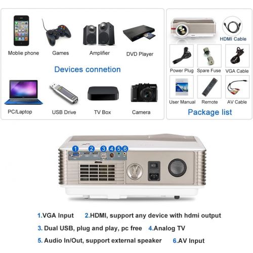  EUG UHD Projector 19201080 Home Theater 6200 Lumen LCD Outdoor Movie Projector with HIFI Speakers Zoom Keystone Correction HDMI USB VGA Compatible with Smartphone/PC/TV Box/Chrome Cast