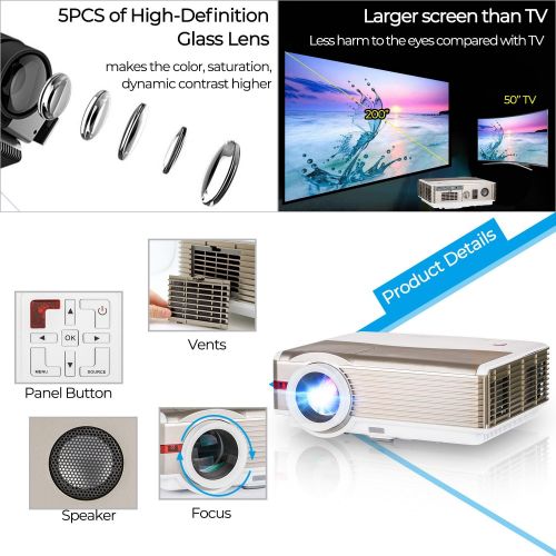  EUG UHD Projector 19201080 Home Theater 6200 Lumen LCD Outdoor Movie Projector with HIFI Speakers Zoom Keystone Correction HDMI USB VGA Compatible with Smartphone/PC/TV Box/Chrome Cast