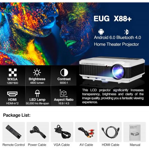  EUG HD Multimedia 1080P Projector Home Theater 1280x800 Native 3600 Lumen Portable LED Digital Movie TV Projectors with HDMIUSBYpbprRCA AudioSpeakersZoomKeystone for Laptop T