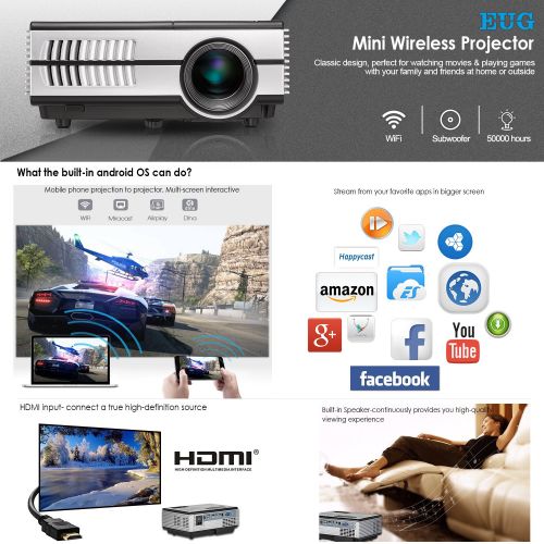  EUG LCD Mini Wifi Projector 1500 Lumens, Multimedia Home Theater Video Projector Android Support 1080P HDMI Wireless Projectors for iPhone iPad Laptop, Game-Playing Halloween Party Out