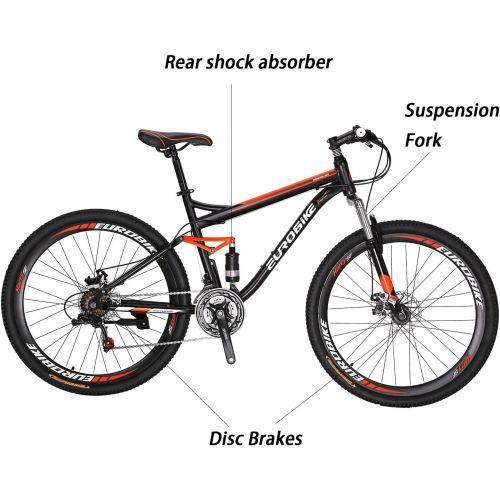  EUROBIKE Full Suspension Mountain Bike 21 Speed Bicycle 27.5 inches Mens or Women MTB Disc Brakes Orange