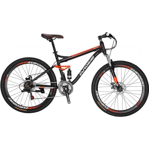  EUROBIKE Full Suspension Mountain Bike 21 Speed Bicycle 27.5 inches Mens or Women MTB Disc Brakes Orange