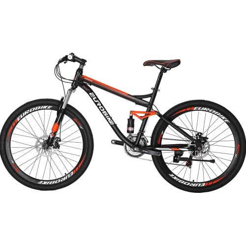  EUROBIKE Full Suspension Mountain Bike 21 Speed Bicycle 27.5 inches Mens or Women MTB Disc Brakes Orange