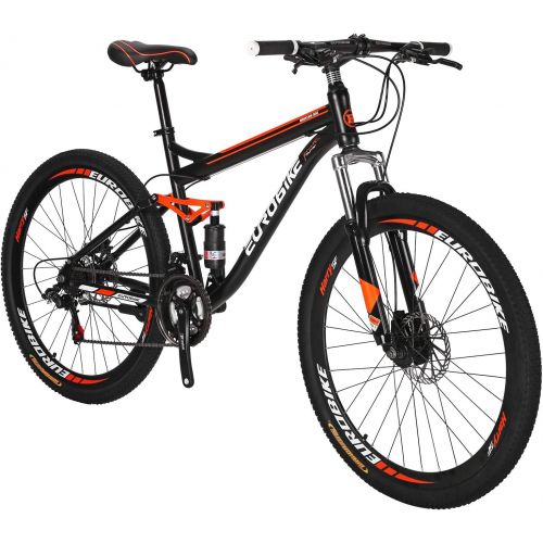  EUROBIKE Full Suspension Mountain Bike 21 Speed Bicycle 27.5 inches Mens or Women MTB Disc Brakes Orange