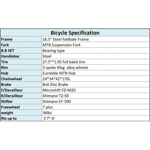  EUROBIKE Folding Bike 21 Speed Full Suspension Mountain Bicycle 27.5” Daul Disc Brake Mens MTB