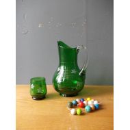 EUvintage Vintage Emerald Decanter with glass / Green Pitcher / Glass Carafe / Soviet Home Decor / Made in USSR / White Flower Vase