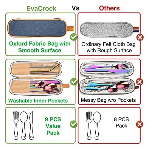  [아마존베스트]EvaCrocK Travel Utensils | 9-Piece Portable Camping Silverware Set Including Knife Fork Spoons Straws Chopsticks Cleaning Brush, Reusable Utensils Stainless Steel Travel Flatware [