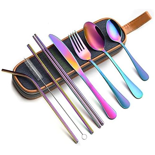  [아마존베스트]EvaCrocK Travel Utensils | 9-Piece Portable Camping Silverware Set Including Knife Fork Spoons Straws Chopsticks Cleaning Brush, Reusable Utensils Stainless Steel Travel Flatware [