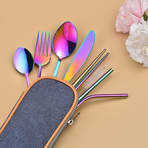  [아마존베스트]EvaCrocK Travel Utensils | 9-Piece Portable Camping Silverware Set Including Knife Fork Spoons Straws Chopsticks Cleaning Brush, Reusable Utensils Stainless Steel Travel Flatware [