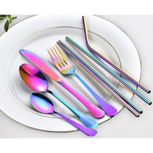  [아마존베스트]EvaCrocK Travel Utensils | 9-Piece Portable Camping Silverware Set Including Knife Fork Spoons Straws Chopsticks Cleaning Brush, Reusable Utensils Stainless Steel Travel Flatware [