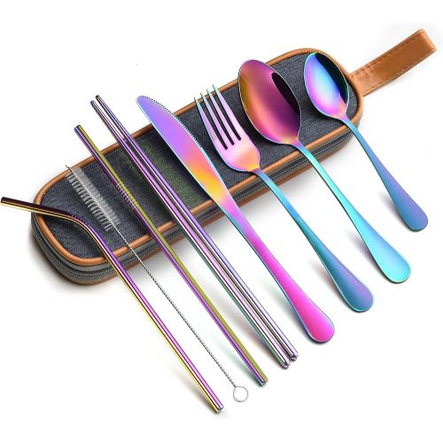  [아마존베스트]EvaCrocK Travel Utensils | 9-Piece Portable Camping Silverware Set Including Knife Fork Spoons Straws Chopsticks Cleaning Brush, Reusable Utensils Stainless Steel Travel Flatware [