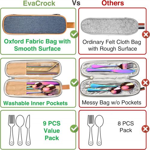  [아마존베스트]EvaCrocK Travel Utensils | 9-Piece Portable Camping Silverware Set Including Knife Fork Spoons Straws Chopsticks Cleaning Brush, Reusable Utensils Stainless Steel Travel Flatware [