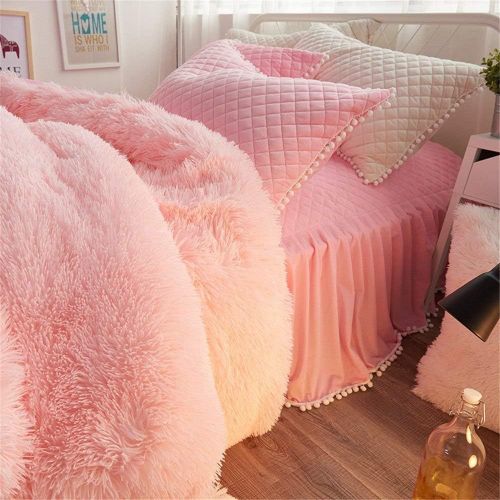  EVDAY Winter Flannel Korean Bedding Sets Ultra Soft Luxury Solid Color Thick Girls Pink Bedding Including 1Duvet Cover,1Bedskirt,2Pillowcases King Queen Full Twin Size