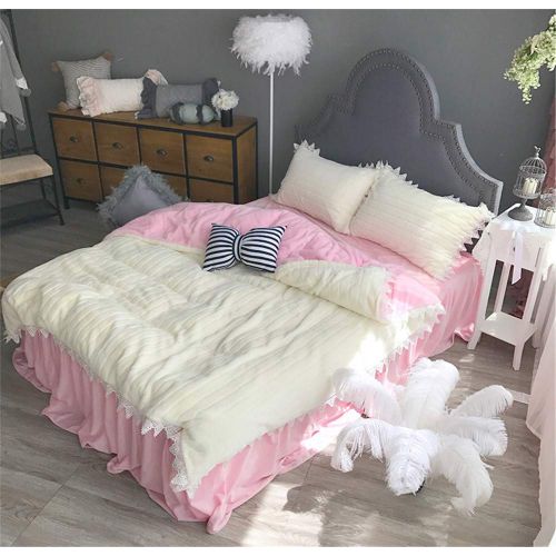  EVDAY Pink Korean Girls Bedding Sweet Candy Color Ultra Soft Short Plush Thick Winter Flannel Bedding Including 1Duvet Cover,1Bedskirt,2Pillowcases King Queen Full Twin Size