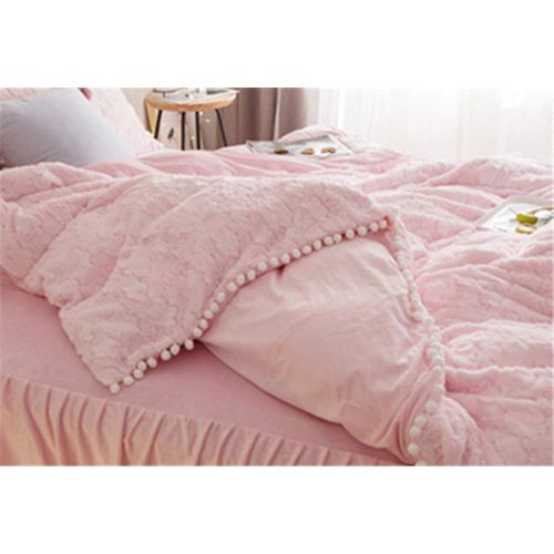  EVDAY Korean Style Velvet Flannel Bedding Set Cute White Balls Ultra Soft Winter Warm Pink Girls Bedding Including 1Duvet Cover,1Bedskirt,2Pillowcases King Queen Full Twin Size