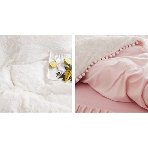  EVDAY Korean Style Velvet Flannel Bedding Set Cute White Balls Ultra Soft Winter Warm Pink Girls Bedding Including 1Duvet Cover,1Bedskirt,2Pillowcases King Queen Full Twin Size