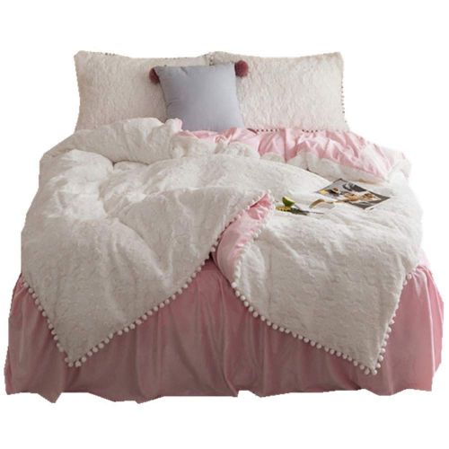  EVDAY Korean Style Velvet Flannel Bedding Set Cute White Balls Ultra Soft Winter Warm Pink Girls Bedding Including 1Duvet Cover,1Bedskirt,2Pillowcases King Queen Full Twin Size