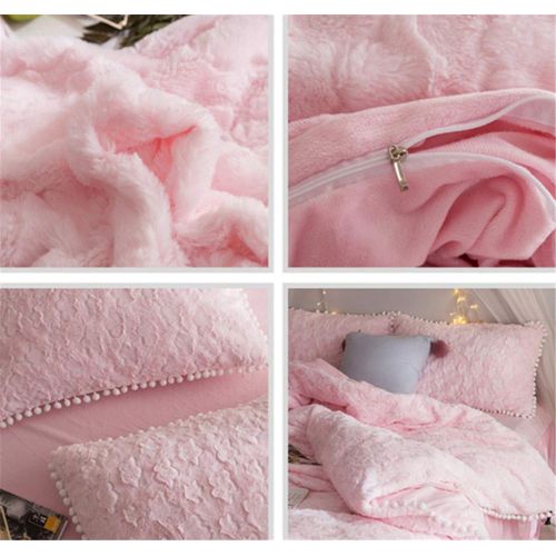  EVDAY Korean Style Velvet Flannel Bedding Set Cute White Balls Ultra Soft Winter Warm Pink Girls Bedding Including 1Duvet Cover,1Bedskirt,2Pillowcases King Queen Full Twin Size