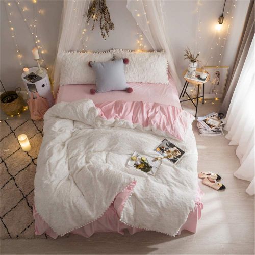  EVDAY Korean Style Velvet Flannel Bedding Set Cute White Balls Ultra Soft Winter Warm Pink Girls Bedding Including 1Duvet Cover,1Bedskirt,2Pillowcases King Queen Full Twin Size