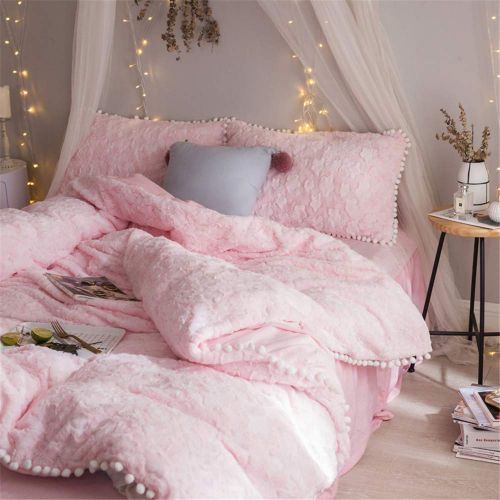  EVDAY Korean Style Velvet Flannel Bedding Set Cute White Balls Ultra Soft Winter Warm Pink Girls Bedding Including 1Duvet Cover,1Bedskirt,2Pillowcases King Queen Full Twin Size