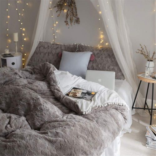  EVDAY Korean Style Velvet Flannel Bedding Set Cute White Balls Ultra Soft Winter Warm Pink Girls Bedding Including 1Duvet Cover,1Bedskirt,2Pillowcases King Queen Full Twin Size