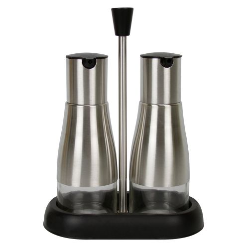  EVELYNE Evelyne GMT-10045-BK Stainless Steel Oil Vinegar Dispensers Set with Tray, also for Soy Sauce and Light Dressing.