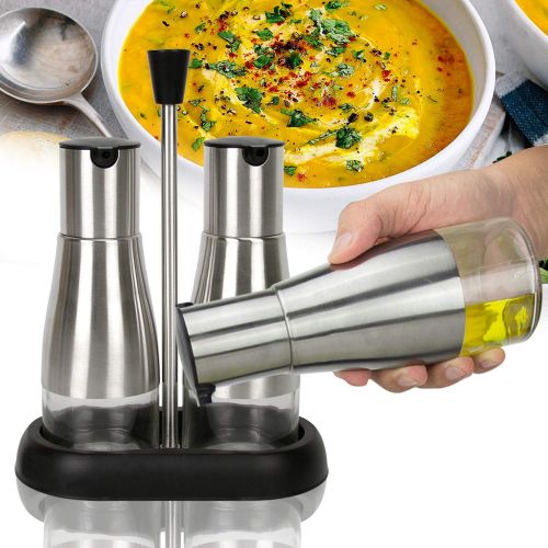  EVELYNE Evelyne GMT-10045-BK Stainless Steel Oil Vinegar Dispensers Set with Tray, also for Soy Sauce and Light Dressing.