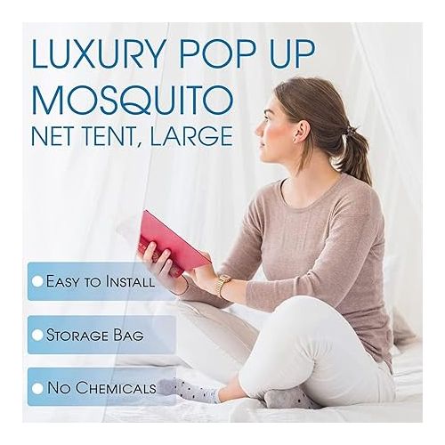  Even Naturals Luxury Mosquito Net Pop Up Tent, Large - for Twin to Queen Size Bed Tent - Mosquito Netting for Camping - Bug Net - Canopy Outdoor, Bed Tent - Insect Screen - Ultralight, Folding Design