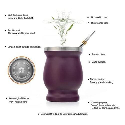  [아마존베스트]Evepure Yerba Mate Cup - Cherry Red Mate Cup with 2pcs Bombillas and a Straw Brush- Fire Red