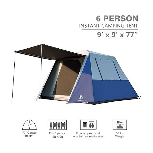  EVER ADVANCED Blackout 6 Person Camping Tent, Instant Cabin Tent for Family with Vestibule and Large Mesh Windows, 60s Easy Setup, Double Layer, Water-Resistant, Blue