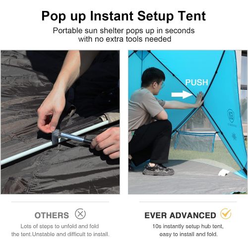  EVER ADVANCED Beach Tent Pop up Shade Beach Canopy Instant Hub Tent Portable Travel Sun Shelter for 3-4 Person, Easy Setup Tents with Carrying Bag UPF 50+ Sunshade Outdoor, Blue