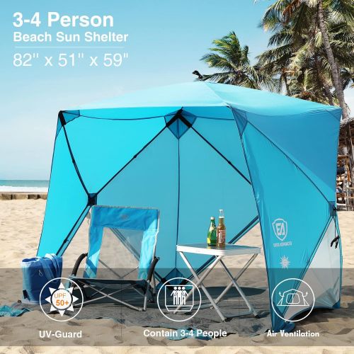  EVER ADVANCED Beach Tent Pop up Shade Beach Canopy Instant Hub Tent Portable Travel Sun Shelter for 3-4 Person, Easy Setup Tents with Carrying Bag UPF 50+ Sunshade Outdoor, Blue