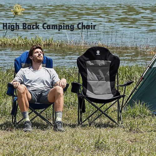  EVER ADVANCED Oversized Padded Quad Arm Chair Collapsible Steel Frame High Back Folding Camp Chair with Cup Holder, Heavy Duty Supports 300 lbs