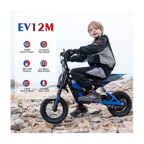  EVERCROSS EV12M Electric Dirt Bike,300W Electric Motorcycle,15.5MPH & 9.3 Miles Long-Range,3-Speed Modes Motorcycle