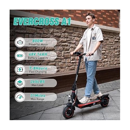  EVERCROSS A1 Electric Scooter for Adults - 800W Portable Commuting Scooter with Double Braking System, Dual Suspension and 10'' Honeycomb Solid Tires, Up to 31 Miles Long Range & 28 Mph…