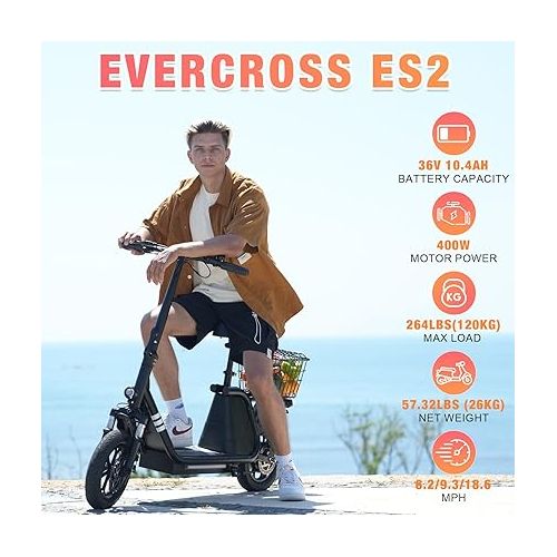  EVERCROSS ES2 Electric Scooter with Seat, Foldable Electric Scooter Adults with Basket, Up to 18.6Mph 22~28Miles Long Range, 400W Motor 12