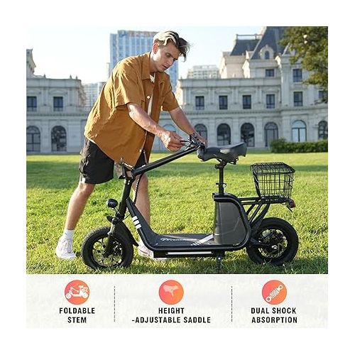  EVERCROSS ES2 Electric Scooter with Seat, Foldable Electric Scooter Adults with Basket, Up to 18.6Mph 22~28Miles Long Range, 400W Motor 12