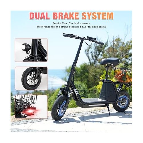  EVERCROSS ES2 Electric Scooter with Seat, Foldable Electric Scooter Adults with Basket, Up to 18.6Mph 22~28Miles Long Range, 400W Motor 12