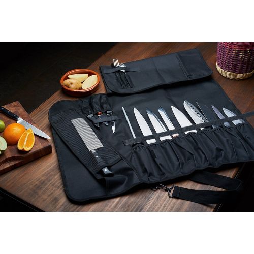  EVERPRIDE Chef Knife Roll Bag (16 Slots) Holds 12 Knives, 1 Meat Cleaver, And 3 Utensil Pockets. Top Quality Portable Chef Knife Case - Includes 2 Knife Guards, Handle, Shoulder Strap & Busi