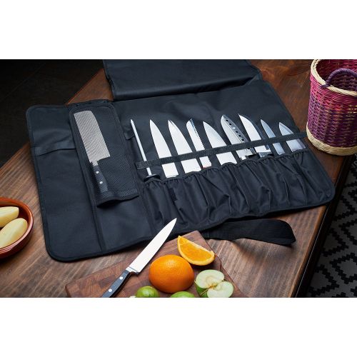  EVERPRIDE Chef Knife Roll Bag (16 Slots) Holds 12 Knives, 1 Meat Cleaver, And 3 Utensil Pockets. Top Quality Portable Chef Knife Case - Includes 2 Knife Guards, Handle, Shoulder Strap & Busi