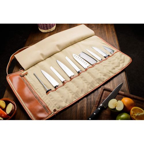  EVERPRIDE Chef Knife Roll Bag | Durable Knife Carrier Stores 10 Knives PLUS Zipper for Culinary Tools | Portable Chef Knife Case w/Many Slots, Handle & Shoulder Strap | Knives Not