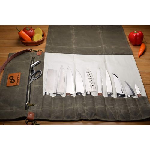  EVERPRIDE Chef Knife Roll Bag | Durable Waxed Canvas Knife Carrier Stores 10 Knives PLUS Zipper for Culinary Tools | Portable Chef Knife Case w/Handle & Shoulder Strap | Knives Not