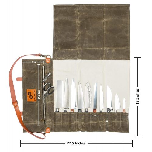  EVERPRIDE Chef Knife Roll Bag | Durable Waxed Canvas Knife Carrier Stores 10 Knives PLUS Zipper for Culinary Tools | Portable Chef Knife Case w/Handle & Shoulder Strap | Knives Not