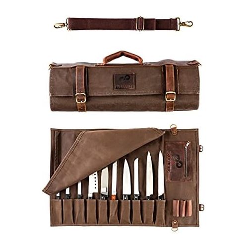  EVERPRIDE Chef Knife Roll Bag (13 Slots) | Stores 10 Knives, 3 Kitchen Utensils PLUS a Zipper | Durable Waxed Canvas Knife Carrier | Easily Carried by Shoulder Strap For Professional Chefs |
