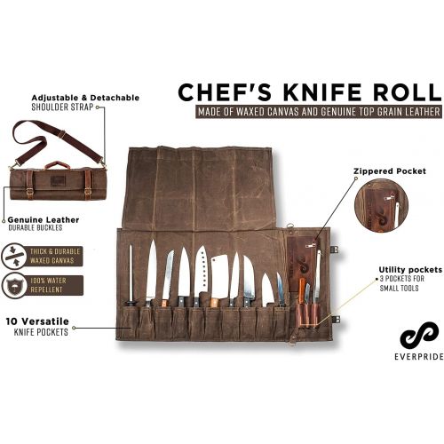  EVERPRIDE Chef Knife Roll Bag (13 Slots) | Stores 10 Knives, 3 Kitchen Utensils PLUS a Zipper | Durable Waxed Canvas Knife Carrier | Easily Carried by Shoulder Strap For Professional Chefs |