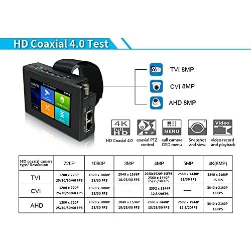  EVERSECU 5 in 1 CCTV Tester Support Upt to 4K IP Camera & 720P/1080P/3mp/4mp/5 Megapixel AHD, TVI, CVI & CVBS Analog Camera, Security Video Monitor with 4 Touch Screen, POE Out, Wi