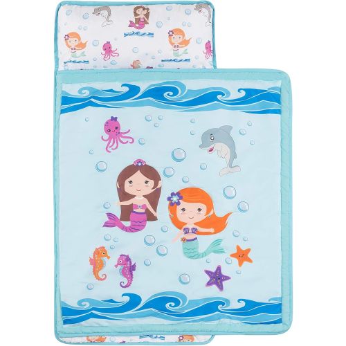  [아마존베스트]Everyday Kids Toddler Nap Mat with Removable Pillow -Underwater Mermaids- Carry Handle with Fastening Straps Closure, Rollup Design, Soft Microfiber for Preschool, Daycare Sleeping