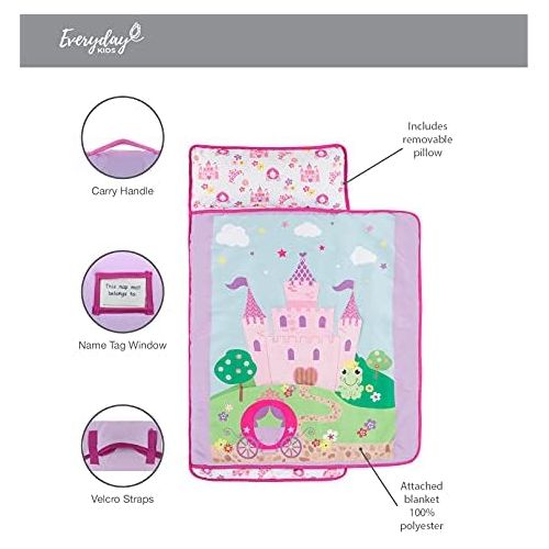  Everyday Kids Toddler Nap Mat with Removable Pillow -Princess Storyland- Carry Handle with Fastening Straps Closure, Rollup Design, Soft Microfiber for Preschool, Daycare, Sleeping