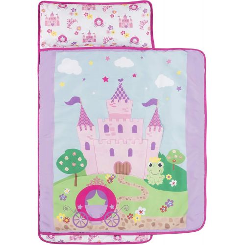  Everyday Kids Toddler Nap Mat with Removable Pillow -Princess Storyland- Carry Handle with Fastening Straps Closure, Rollup Design, Soft Microfiber for Preschool, Daycare, Sleeping