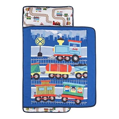  EVERYDAY KIDS Toddler Nap Mat with Removable Pillow -Choo Choo Train- Carry Handle with Fastening Straps Closure, Rollup Design, Soft Microfiber for Preschool, Daycare, Sleeping Ba